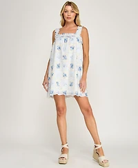 Beauty & Grace Women's Square Neck Sleeveless Printed Short Dress