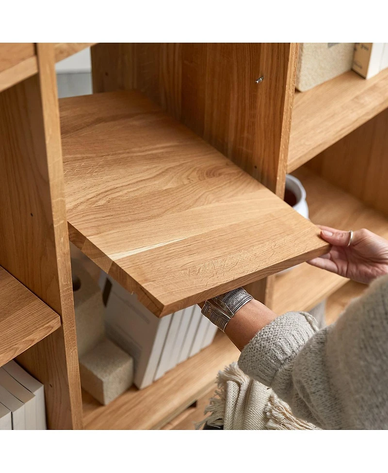 Tikamoon Miho low bookcase in solid oak and white premium terrazzo