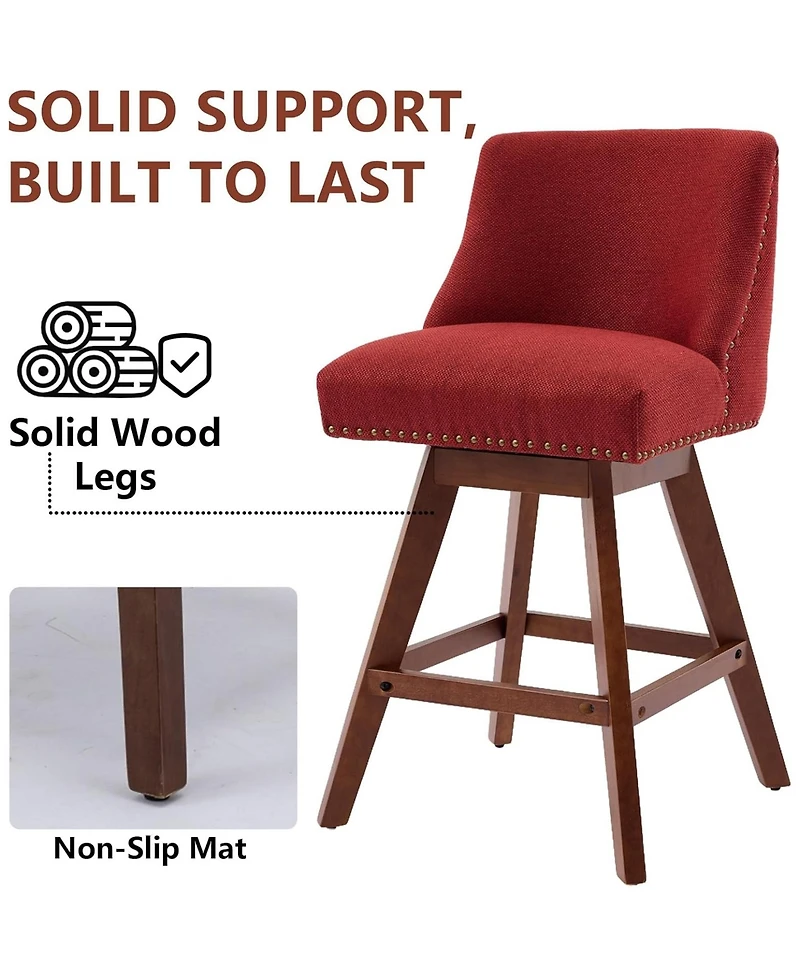 Rainsken Swivel Bar Stools Set of 2, Modern Upholstered Counter Height Chairs with Wooden Legs and Nailhead Trim for Kitchen Island
