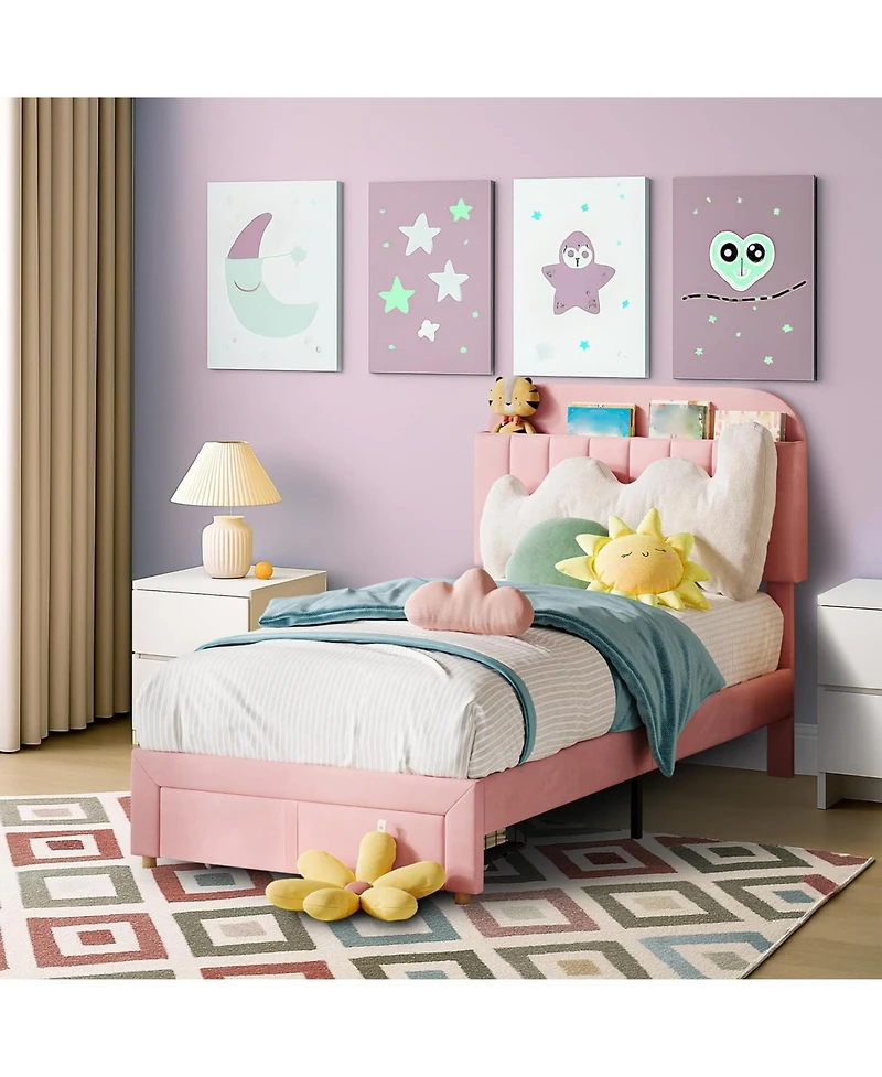 gaomon Twin Bed Frame Velvet Platform Bookcase Headboard Kids Girls Steel Legs Easy Build Noise Free