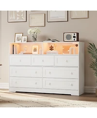 gaomon 7-Drawer Dresser with Led Lights & Charging Station, Wood Storage Chest with Open Compartments for Bedroom