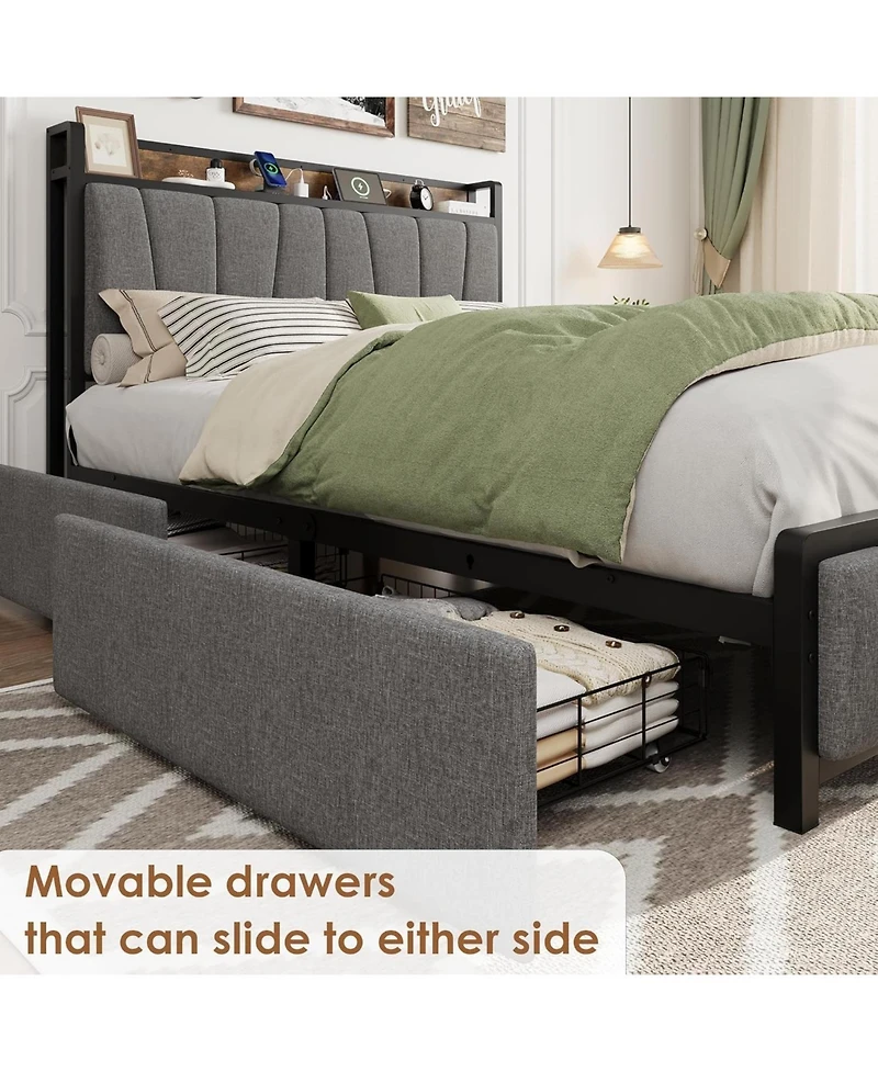 gaomon Full Size Bed Frame with Storage Headboard, 2 Drawers & Charging Station, Linen Upholstered