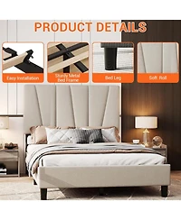 gaomon King Linen Bed Frame Twill Tufted Headboard Wooden Slats Upholstery No Box Spring Needed