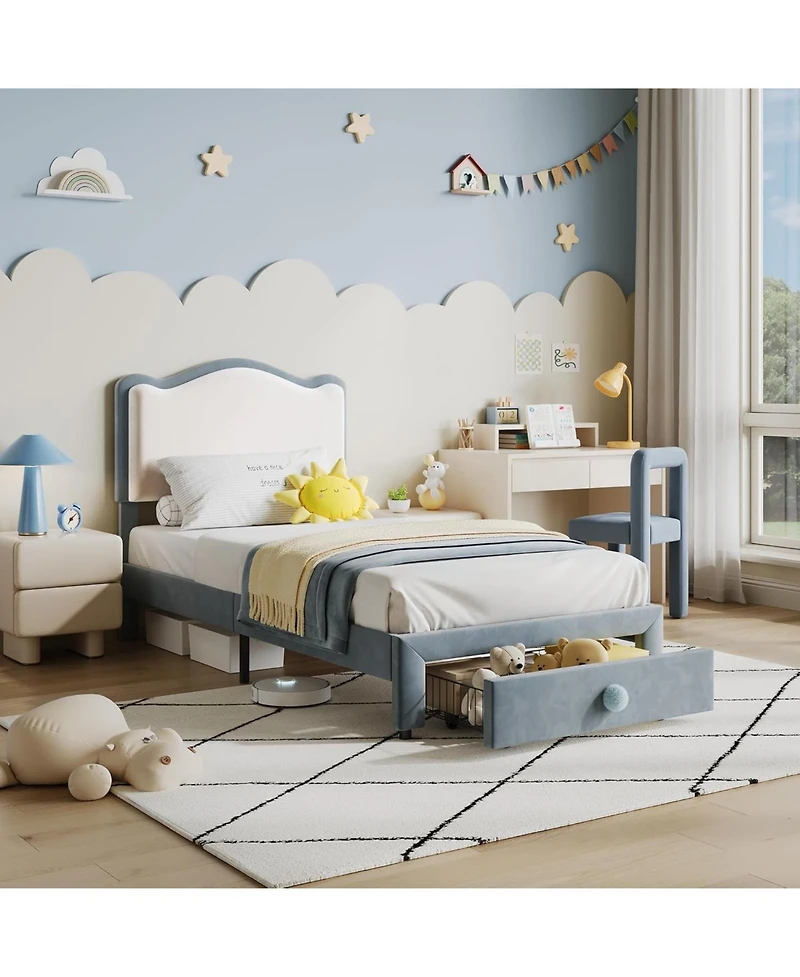 gaomon Kids Platform Bed Upholstered Headboard Storage Drawer Noise Free Children Bed Frame Wood Slats No Box Spring Needed