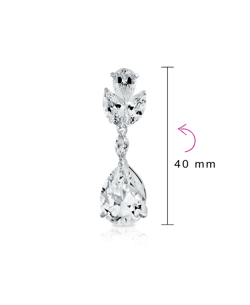 Bling Jewelry Classic Formal Leaf Motif Cz Cubic Zirconia Teardrop Dangle Clip-On Earrings Silver Plated