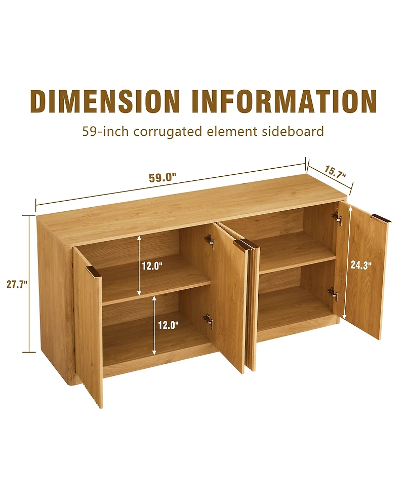 Streamdale Furniture Streamdale 59-inch Modern Wavy Sideboard, Curved Contour 4-Door Storage Cabinet