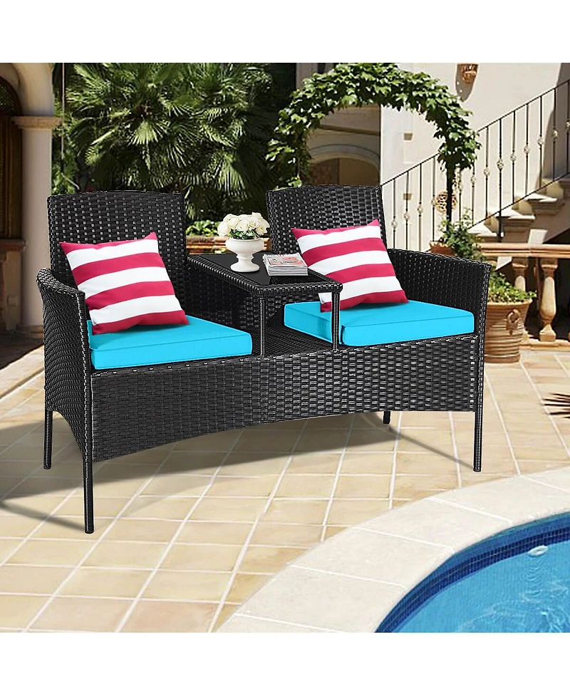 Patio Rattan Loveseat Sofa Cushioned Coffee Table