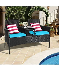 Patio Rattan Loveseat Sofa Cushioned Coffee Table