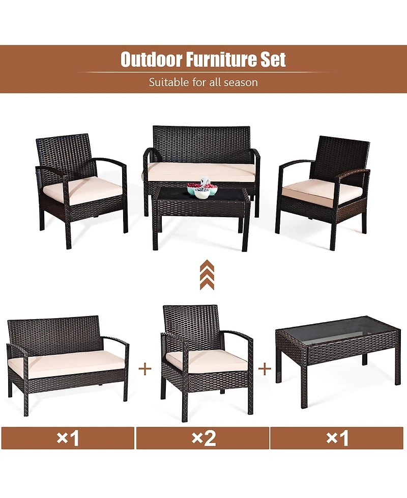 4PCS Patio Rattan Conversation Furniture Set Cushioned Seat Glass Table
