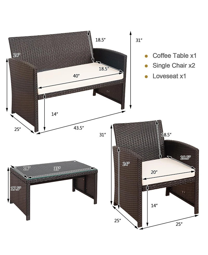 4PCS Patio Rattan Furniture Set Cushioned Chair Sofa Coffee Table