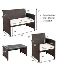 4PCS Patio Rattan Furniture Set Cushioned Chair Sofa Coffee Table