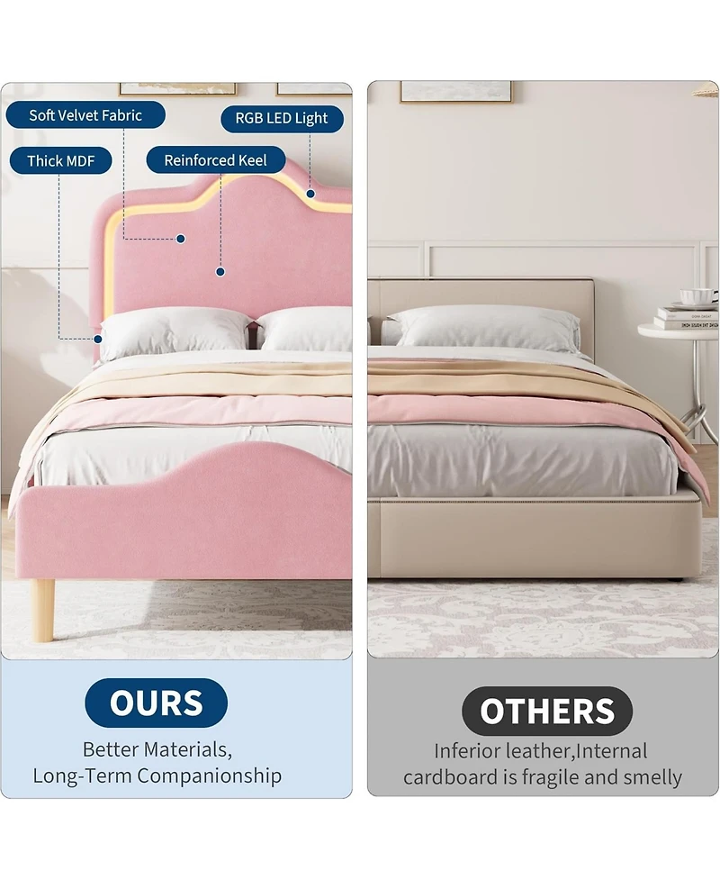 gaomon Twin Princess Platform Bed Frame with Rgb Led Lights Adjustable Velvet Headboard Wood Slat Support No Box Spring