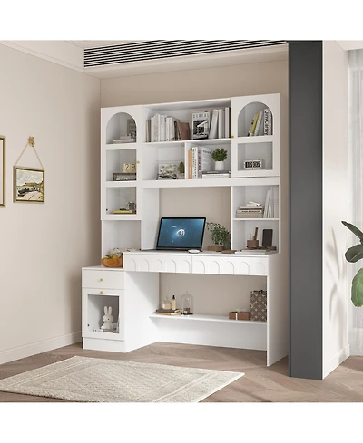 Homsee 79.1 in. Tall Wood 13-Shelf Standard Bookcase with Writing Desk Table, Glass Door Cabinet,Drawers, French Style