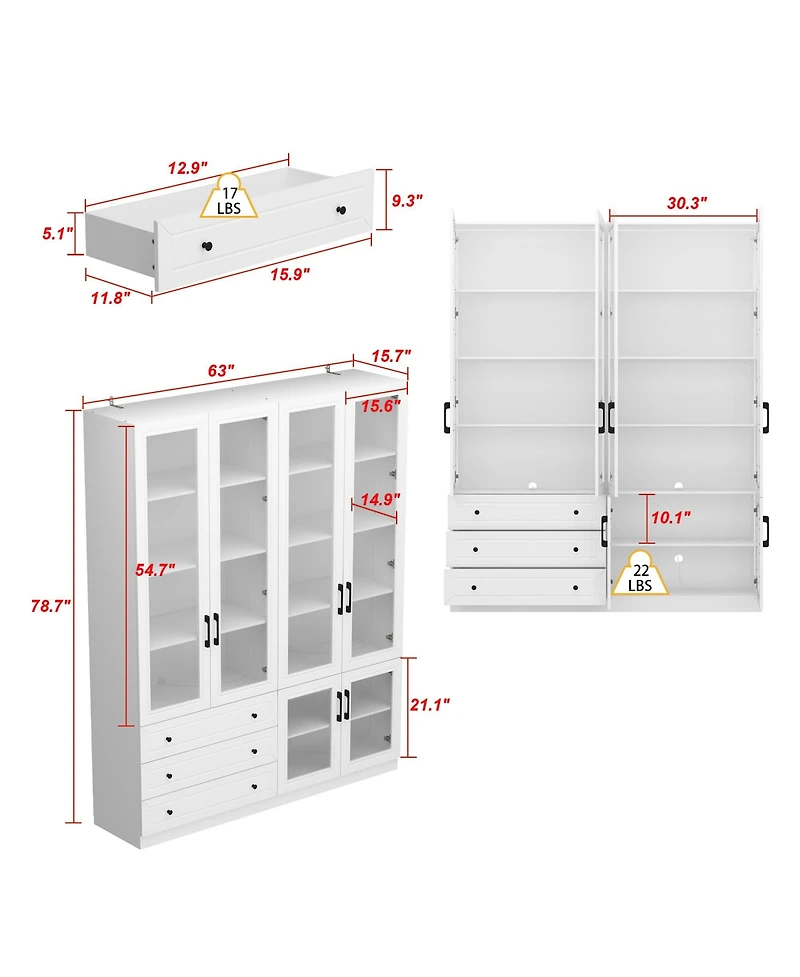 Homsee Modern 10-Shelf Accent Bookcase with Glass Doors, Led Lights