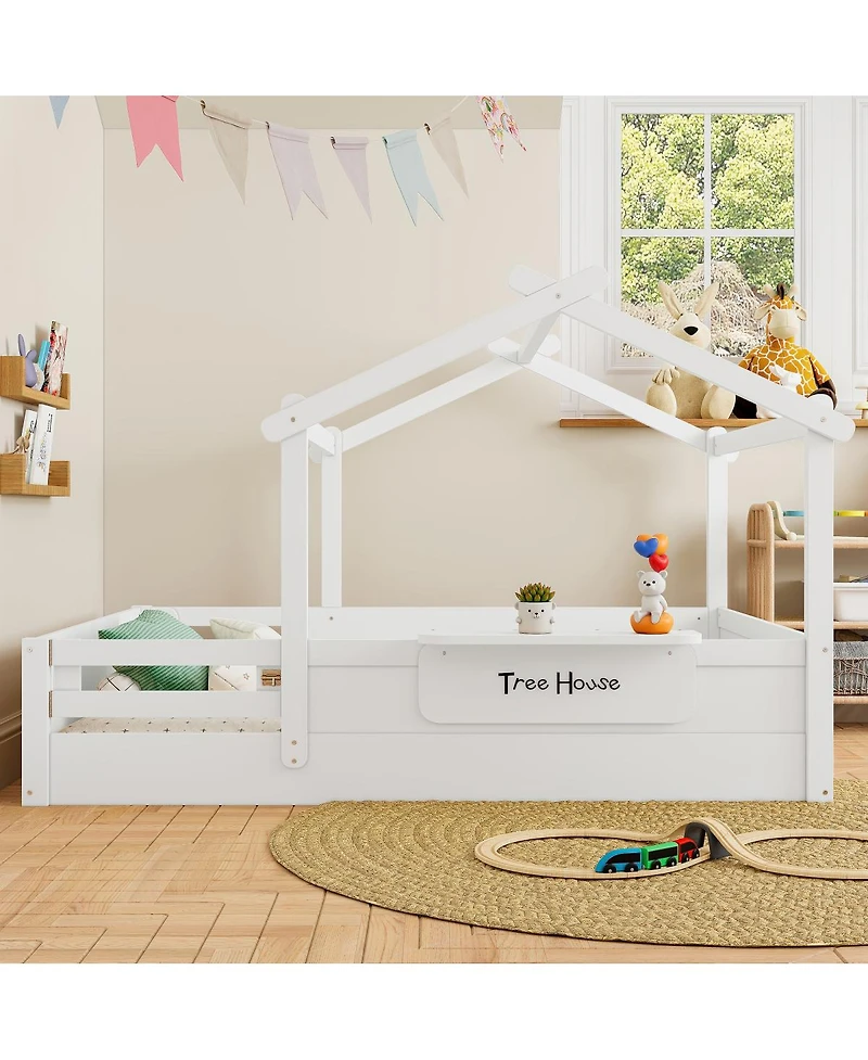 Streamdale Furniture Full Size Floor Bed with Guardrails, Roof, Tray & Signboard