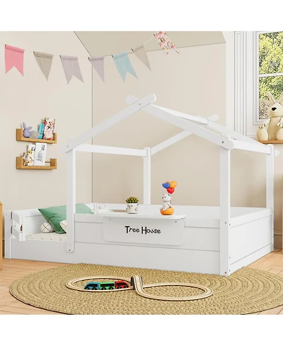 Streamdale Furniture Full Size Floor Bed with Guardrails, Roof, Tray & Signboard