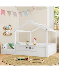 Streamdale Furniture Full Size Floor Bed with Guardrails, Roof, Tray & Signboard