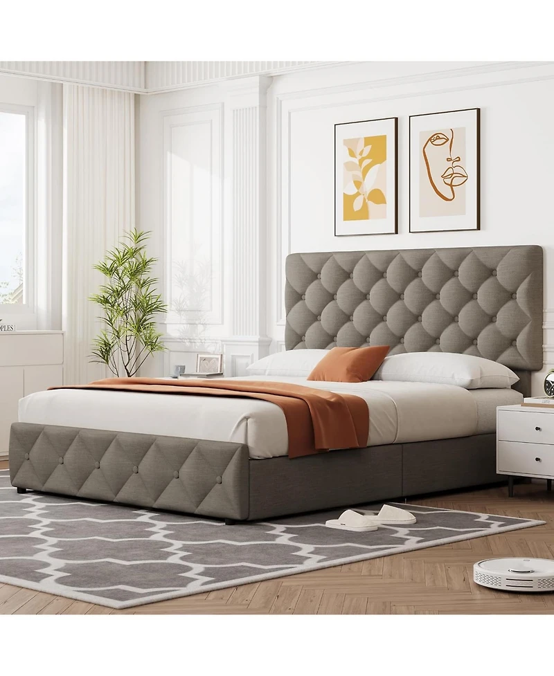gaomon Bed Frame 4 Drawers Adjustable Headboard Linen Upholstered Diamond Tuft No Box Spring