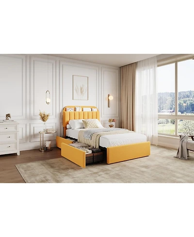 gaomon Twin Bed Frame Boucle Upholstered Storage Headboard 2 Drawers Shelf Noise Free Easy Build No Box Spring