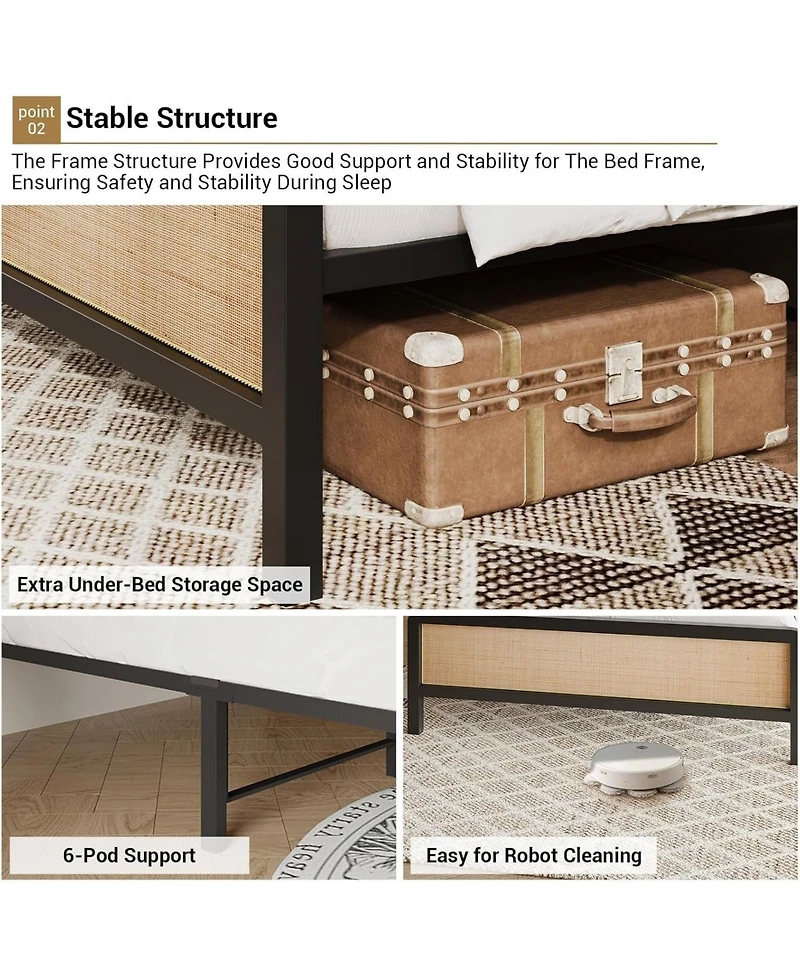 gaomon Queen Platform Bed Frame With Rattan Headboard and Footboard Rounded Corners Metal Slats Enhanced Stability