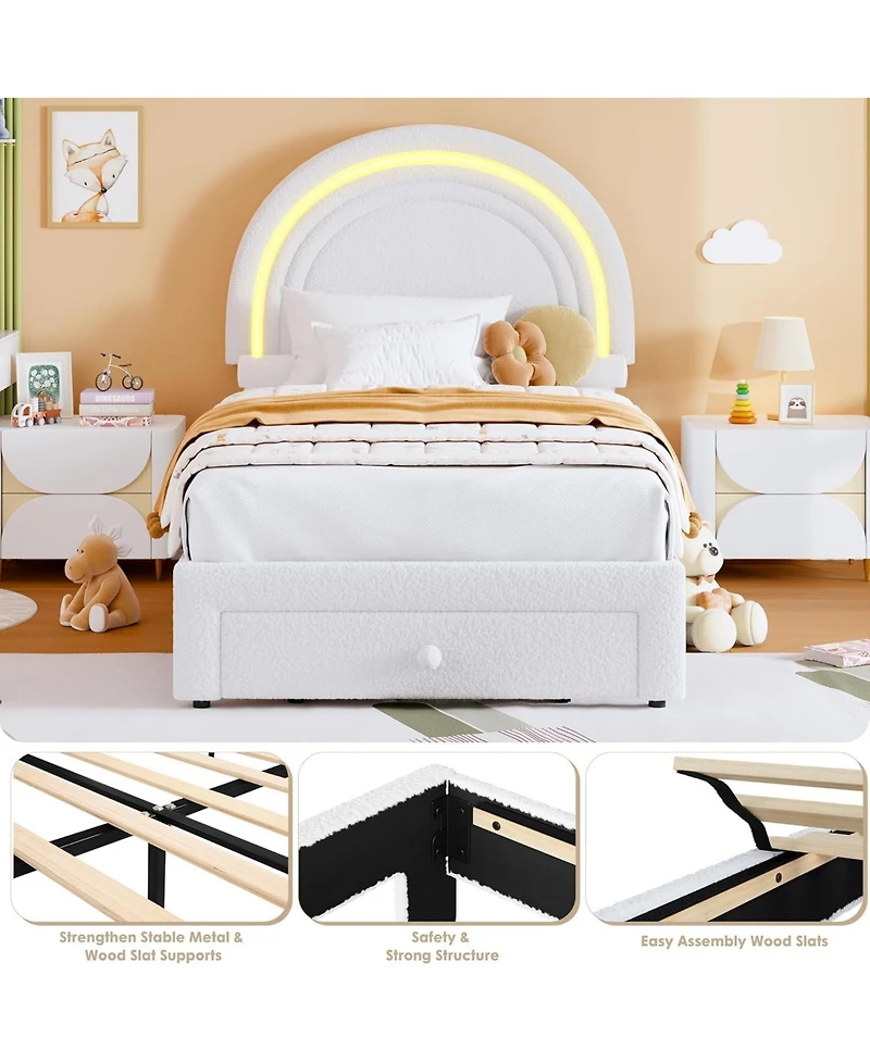 gaomon Bed Frame for Kids Boucle Platform Led Rainbow Headboard Storage Drawer Berber Fleece Sturdy Wood Slats