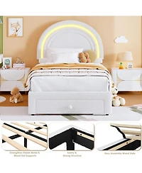 gaomon Bed Frame for Kids Boucle Platform Led Rainbow Headboard Storage Drawer Berber Fleece Sturdy Wood Slats