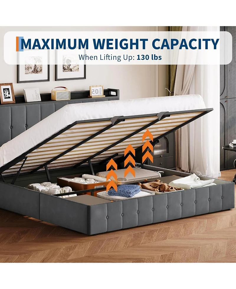 gaomon King Hydraulic Lift Up Storage Upholstered Bed Frame Button Headboard Heavy Metal Platform Wood Slats Noise