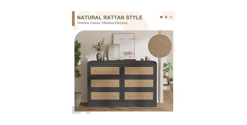 gaomon 46''Wide Rattan Dresser,6 Drawer Dresser for Bedroom,Dressers & Chests of Drawers