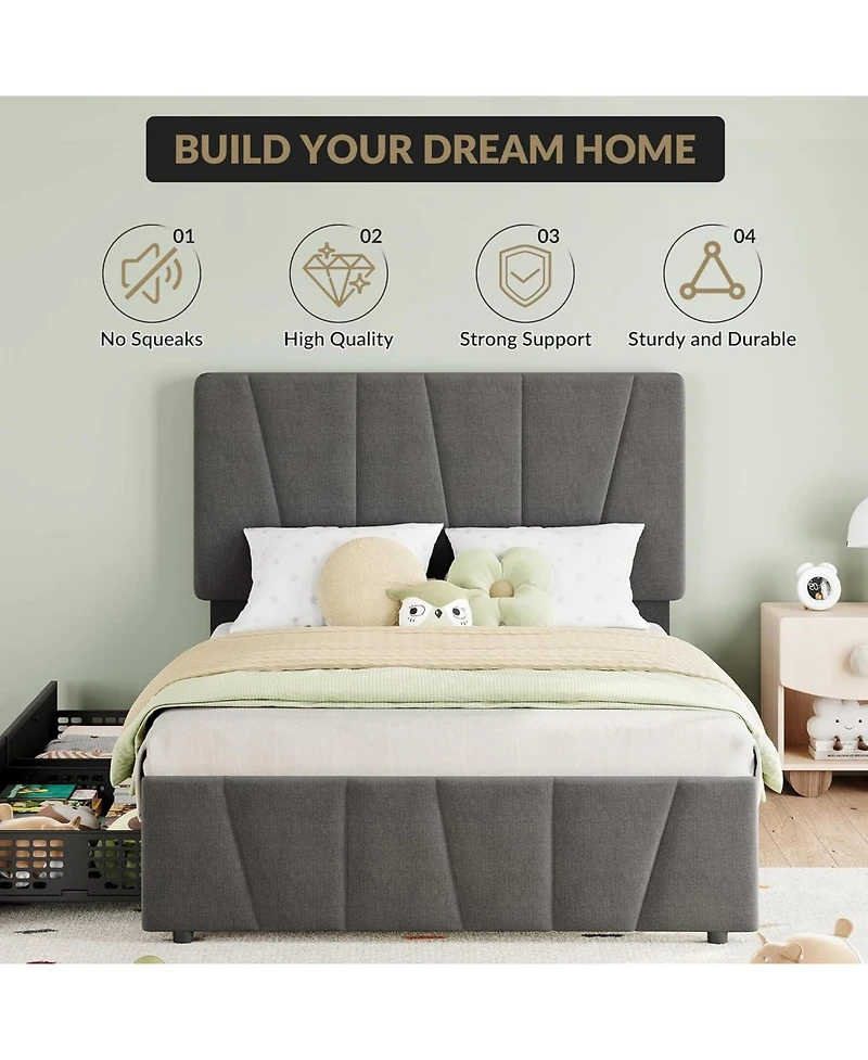 gaomon Bed Frame with 4 Storage Drawers and Headboard, Upholstered Platform Bed Frame with Wooden Slats Support, No Box Spring Needed, Noise Free