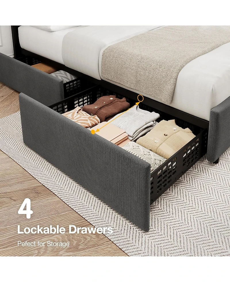 gaomon Bed Frame with 4 Storage Drawers and Headboard, Upholstered Platform Bed Frame with Wooden Slats Support, No Box Spring Needed, Noise Free