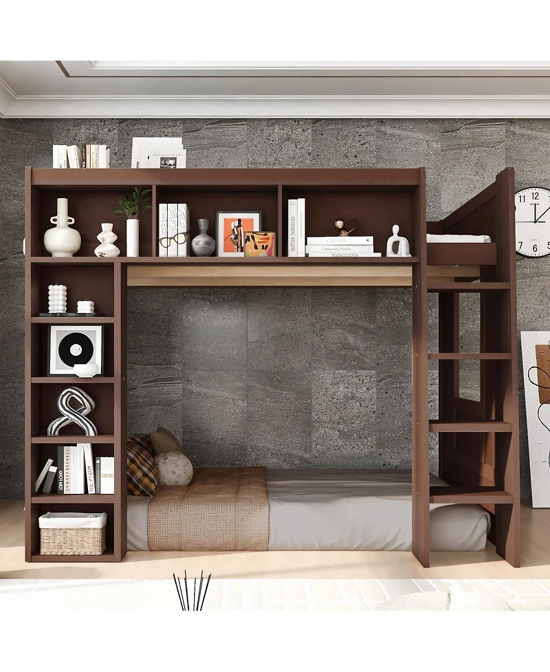 Streamdale Furniture Queen Size Wooden Loft Bed with Storage Cabinets and Shelves