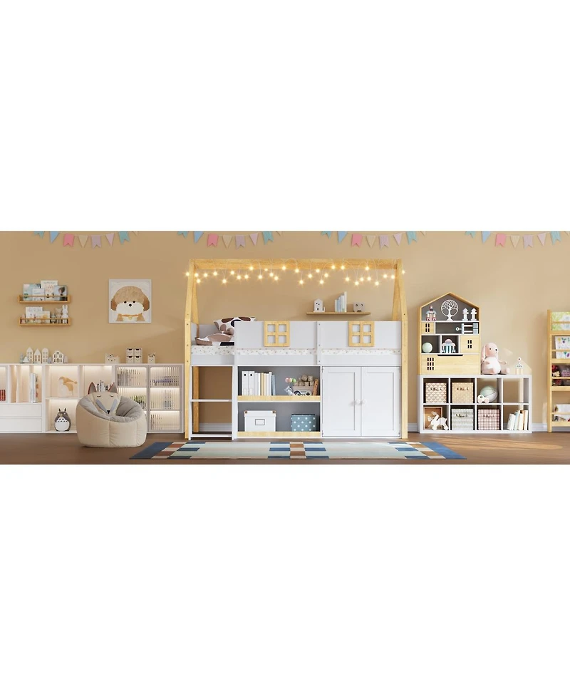 Streamdale Furniture Low loft bed with stairs, shelves, cabinets & Led lights