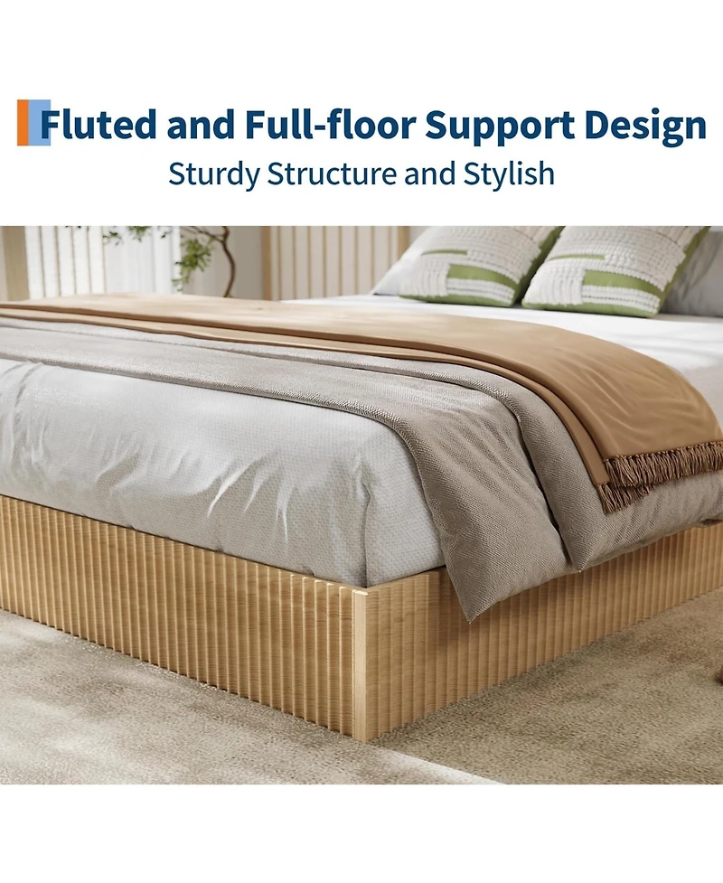 gaomon Wooden Bed Frame Platform with Fluted Design Sturdy Stylish Noise Free Wood Slats No Box Spring Cream