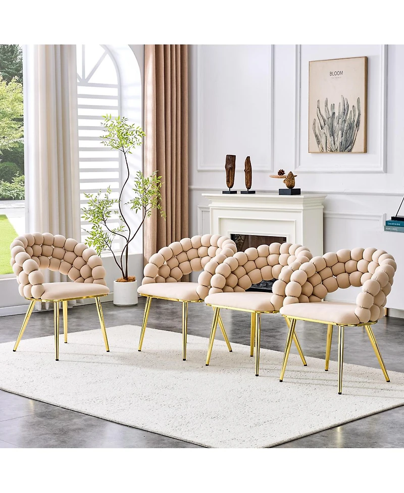 Streamdale Furniture Set of 2 Beige Puffy Bubble Chairs with Gold Legs, Modern Accent Chairs