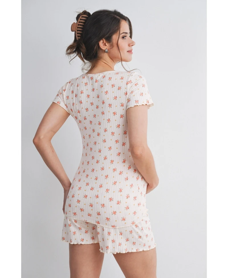 Hello Miz Maternity Ribbed Floral Lounge Set with Shorts and Top