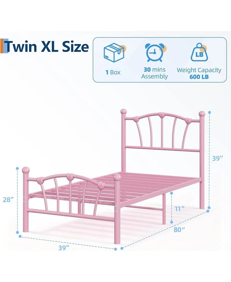 gaomon Twin Xl Bed Frame for Kids With Heart Headboard and Footboard Metal Slats Noiseless No Box Spring Needed