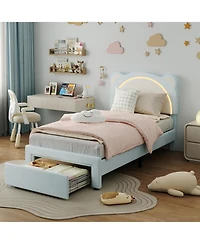 gaomon Twin Bed Frame with Led Lights Adjustable Bear Headboard Velvet Kids Bed Storage Drawers Noise Free Wood Slats