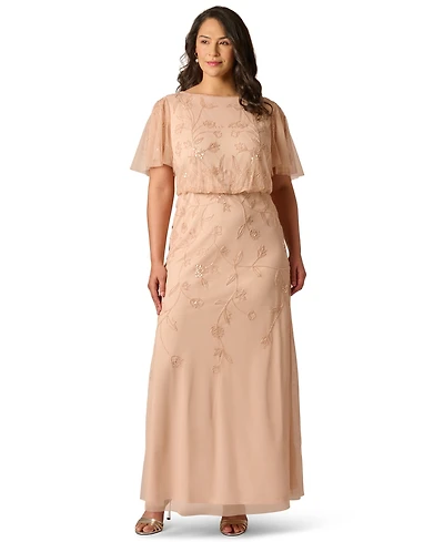 Adrianna Papell Plus Boat Neck Beaded Cocktail Ball Gown