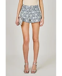 Endless Rose Womens Floral Embroidered Denim Jacket Micro Shorts