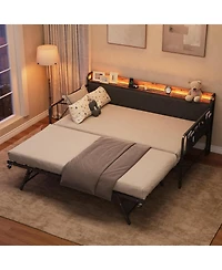 gaomon Daybed with Trundle, Upholstered Headboard, Led Light and Charging Station, Metal Frame Sofa