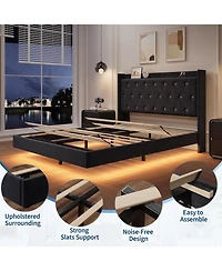 gaomon Modern Full Floating Bed Frame Rgb Led Lights Upholstered Storage Headboard Noise Free No Box Spring