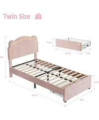 gaomon Twin Velvet Bed Frame Smart Led Adjustable Bear Headboard Wooden Slats Kids Platform No Box Spring
