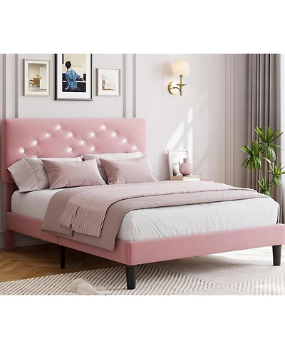 gaomon Queen Bed Frame with Headboard Upholstered Platform Crystal Diamond Tufted for Kids Easy Assembly Wood Slats No Box Spring