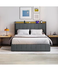 gaomon Lift Up Storage Bed Frame with Led Upholstered Storage Headboard Charging Metal Platform No Box Spring Wood Slats