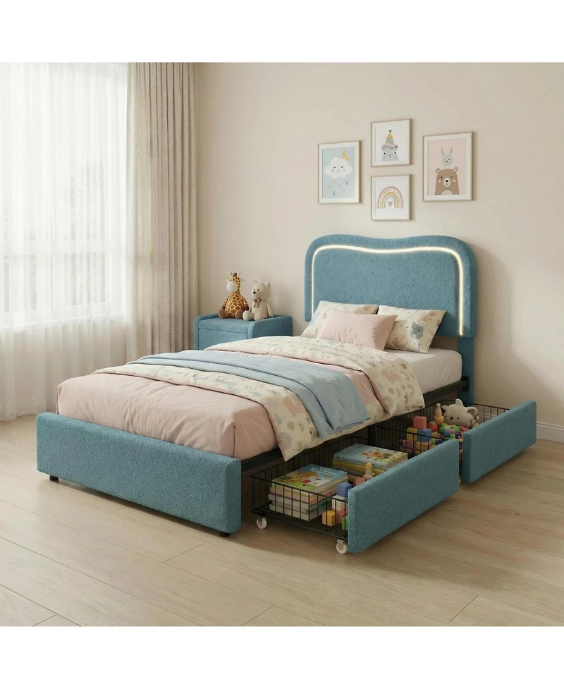 gaomon Boucle Twin Bed Frame with 2 Storage Drawers Upholstered Platform Led Headboard Wood Slats No Box Spring