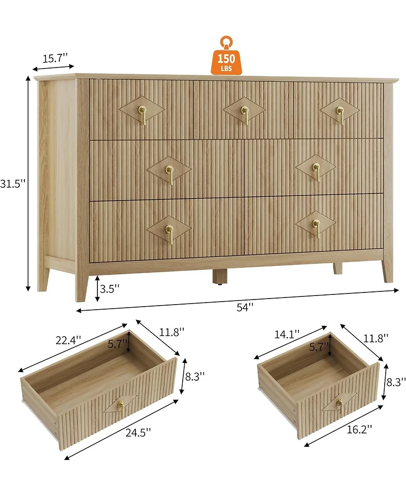 gaomon 54" Wide Fluted Dresser, 7 Drawer Modern Wood Storage Chest for Bedroom