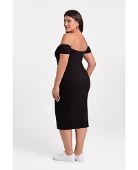 S3 Apparel Women's Off the Shoulder Straight Neck Ribbed Sculpting Midi Dress with Built-In Shapewear