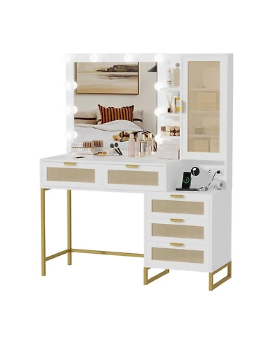 gaomon Modern Makeup Vanity Desk Set with Adjustable Mirror, Bench and Charging Station