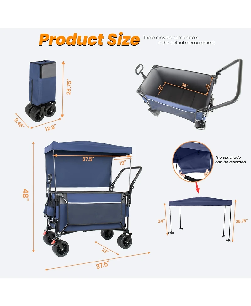 Rainsken Folding Wagon Cart - Multi-Functional Push-Pull Carts with Canopy, Rotating Handle, All-Terrain Wheels, 480lbs Capacity for Transport