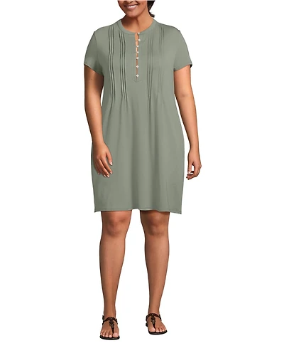 Lands' End Plus Cotton Modal Pintuck Short Sleeve Dress